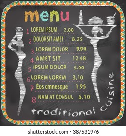 Black chalk board with menu bars, restaurants, pizzerias with traditional cuisine. Figures silhouettes girls with trays and dishes made with white chalk.