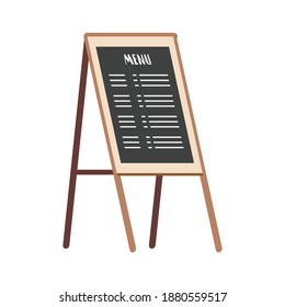 Black chalk board with menu vector flat illustration isolated on white background. Outdoor cafe or restaurant menu display in wooden frame. Pub street stand, food and drinks menu banner.