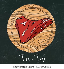 Black Chalk Board. Most Popular Steak on a Round Wooden Cutting Board. Beef Cut. Meat Guide for Butcher Shop or Steak House Restaurant Menu. Hand Drawn Illustration. Savoyar Doodle Style.