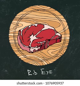 Black Chalk Board. Most Popular Steak on a Round Wooden Cutting Board. Beef Cut. Meat Guide for Butcher Shop or Steak House Restaurant Menu. Hand Drawn Illustration. Savoyar Doodle Style.