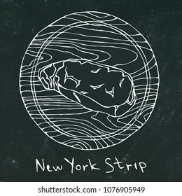 Black Chalk Board. Most Popular Steak on a Round Wooden Cutting Board. Beef Cut. Meat Guide for Butcher Shop or Steak House Restaurant Menu. Hand Drawn Illustration. Savoyar Doodle Style.
