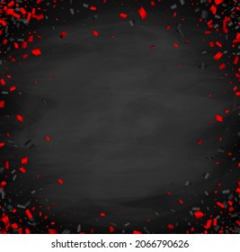 Tablero de tiza negra con marco de confeti rojo y negro. Ilustración vectorial.