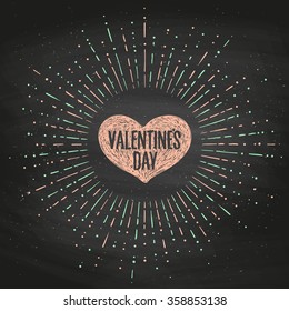 Black chalk board romantic set. Greeting card with pink heart and message Valentine's Day. Vector Illustration