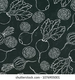 Black Chalk Board. Seamless Background of Ripe Beets. Endless Pattern of Beetroot with Top Leaves and Beet Halves. Fresh Vegetable Salad. Hand Drawn Vector Illustration. Savoyar Doodle Style.