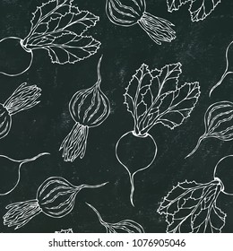 Black Chalk Board. Seamless Background of Ripe Beets. Endless Pattern of Beetroot with Top Leaves and Beet Halves. Fresh Vegetable Salad. Hand Drawn Vector Illustration. Savoyar Doodle Style.