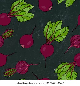 Black Chalk Board. Seamless Background of Ripe Beets. Endless Pattern of Beetroot with Top Leaves and Beet Halves. Fresh Vegetable Salad. Hand Drawn Vector Illustration. Savoyar Doodle Style.