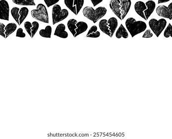 Black chalk drawn broken hearts border on white background with space

