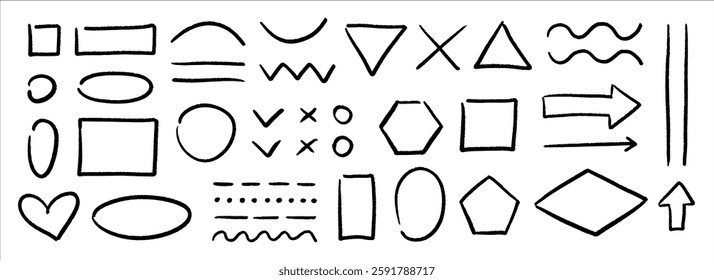 Black chalk hand drawn shapes and frames set. Scribbled charcoal element collection. Pencil sketch sign and symbols for diagram and plan. Rough arrows, ovals, squares, rectangles, squiggles. Vector