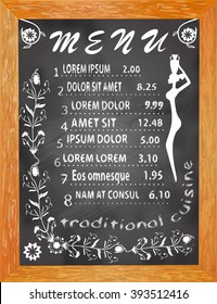 Black chalk menu board with chalk stains on dishes and white lettering and price titles. The board shows a woman with a pitcher, patterns of flowers. You can use the menus for restaurants, bars.