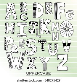 Black chalk pencil alphabet uppercase letters.Hand drawn written with stripe and polka dot style
