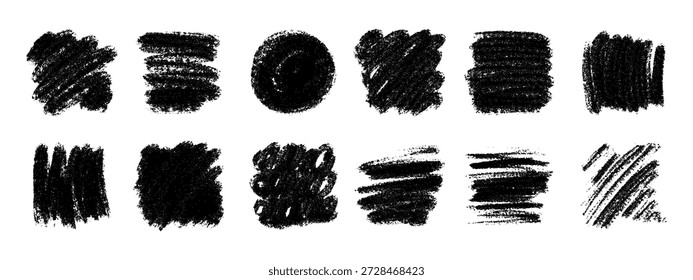 Black chalk texture set. Hand drawn design elements for creative project. Grunge style pencil smear and doodle, charcoal sketch.