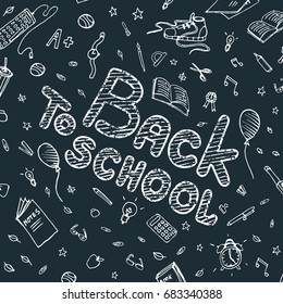 Black chalkboard with the inscription "Back to school", hand drawn symbols of school life. Vector illustration.