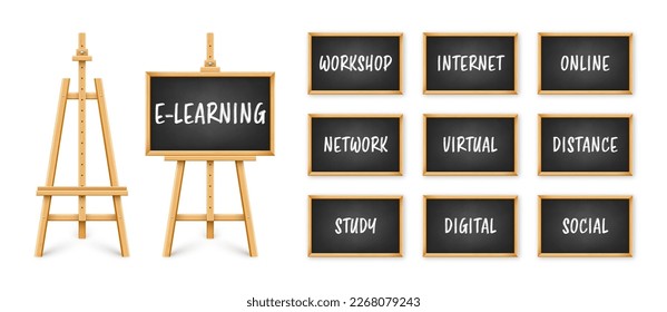 Black chalkboard on wooden easel. Blackboard in wooden frame on a tripod. Presentation board with text, writing or drawing surface. Online studying, e-learning and education. Vector illustration