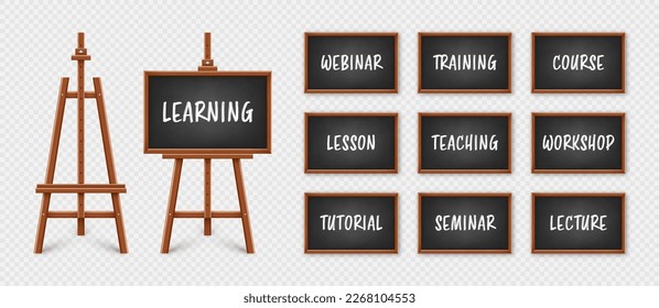 Black chalkboard on wooden easel. Blackboard in wooden frame on a tripod. Presentation board with text, writing or drawing surface. Online studying, e-learning and education. Vector illustration