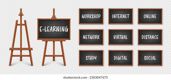 Black chalkboard on wooden easel. Blackboard in wooden frame on a tripod. Presentation board with text, writing or drawing surface. Online studying, e-learning and education. Vector illustration