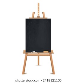 Tablero negro sobre la tabla de menú de la anguila de madera con tiza y esponja simulación de ilustración vectorial realista. Cartel publicitario para anuncios de arte dibujo y escritura de anuncios educativos