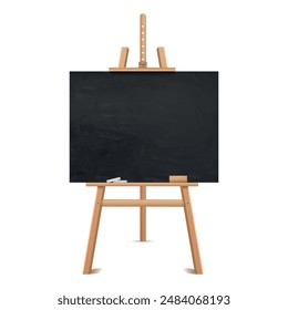 Black chalkboard on wooden easel canvas blank on tripod for writing drawing realistic vector illustration. Blackboard for announcement art painting educational class display information message