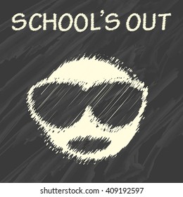 Black chalkboard with school's out text and happy face with sunglasses.