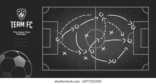 Pizarra negra con táctica de juego de fútbol. Ilustración vectorial. Entrenador de entrenamiento Formación y táctica del equipo de fútbol. Plantilla de diseño de elemento de infografía deportiva.