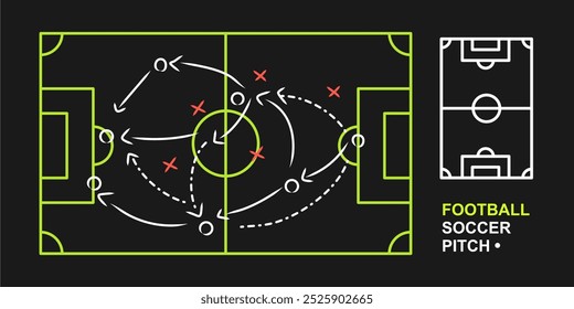 Black Chalkboard com tática de jogo de futebol. Ilustração vetorial. Treinador formação de equipe de futebol e tática. Modelo de design de elemento infográfico de esporte.