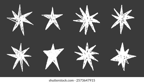 black chalkboard star simple doodle drawing. Grunge graffiti white glittering elements. 