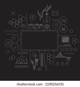 Tablero negro con gráficos e iconos lineales blancos y lugar para el texto