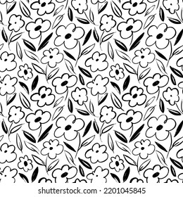 Black chamomile vector seamless pattern. Hand drawn linear drawing of daisy flowers. Botanical seamless print with different floral elements. Summer field with meadow plants. Simple botanical motif. 