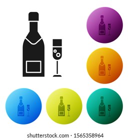 Black Champagne bottle and glass of champagne icon isolated on white background. Merry Christmas and Happy New Year. Set icons colorful circle buttons. Vector Illustration