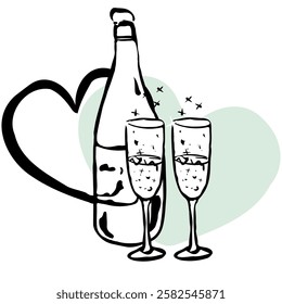 Black champagne bottle and glasses. Vector, isolated, hand draw. Cartoon style doodle. Black outline, abstract.