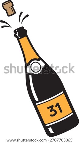 A black champagne bottle with an orange label showing the number 31 has its cork popping out with black splashes of liquid exploding around it.