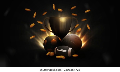 Black champion cup, black sport balls and falling gold coins in black scene, poster with sport elements