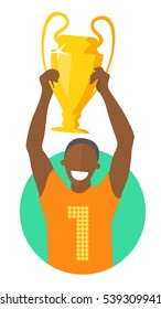 Black champion with winner cup, flat design, isolated vector image on white, the best concept