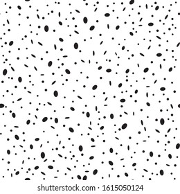 Black chaotic dotsand ellipses seamless pattern white color background. Can be used for T-shirts, pajamas, fabrics, wallpapers, diaries, school exercise books, wrapping, decoration and  backgrounds.