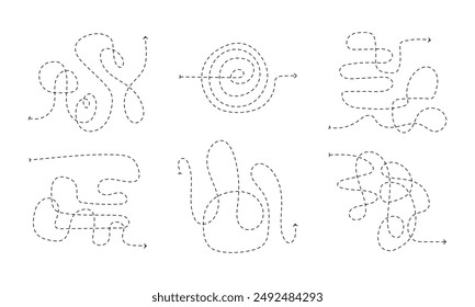 Black chaotic dotted arrow set. Doodle scribble elements. Dashed tangled arrows to create stylish and trendy design or decor, direction indication. Decorative vector arrow isolated on white background