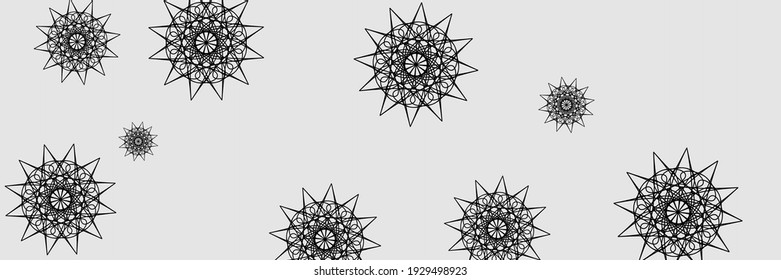 Black Chaotic Silver Stars Winter Sky Wallpaper. Grey New Year Dark Christmas Snow Ornament. Santa Print Ornamental Chaotic Wallpaper. Horizontal Holiday Snowflakes Night Mandala Design Pic.