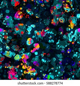 Black chaotic spots on colorful background with floral elements. Abstract seamless texture