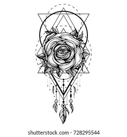 白い背景に黒い花冠 目の付いたバラの花 幾何学的な形のパターン タトゥーデザイン 神秘的なシンボル 印刷 ポスター Tシャツ 織物 ベクターイラスト のベクター画像素材 ロイヤリティフリー