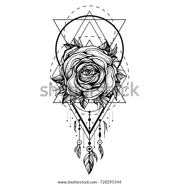 白い背景に黒い花冠 目の付いたバラの花 幾何学的な形のパターン タトゥーデザイン 神秘的なシンボル 印刷 ポスター Tシャツ 織物 ベクターイラスト のベクター画像素材 ロイヤリティフリー