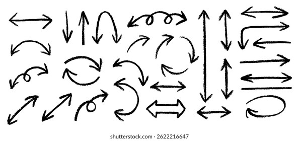 Black charcoal arrows strokes.Set of black double arrows on white background. Brush elements for notes and underlining in text