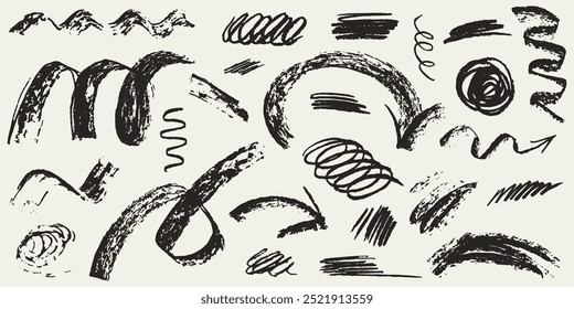 Black charcoal chalk drawing with textured rough crayon strokes. Charcoal pencil curly lines, squiggles, shapes and curves. Grunge pen scribbles collection. Hand drawn vector pencil lines and arrows. 