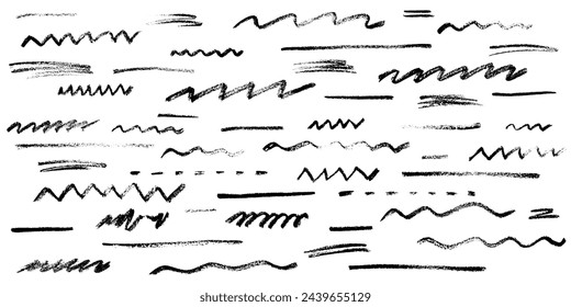 Black charcoal crayon underlines set. Doodle lines with grunge pastel texture. Vector Hand drawn chalk scribbles isolated on a white background