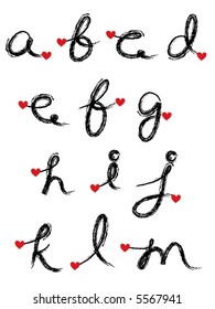 black charcoal cursive alphabet with red heart (vector) - part 1 of a complete set