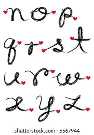 black charcoal cursive alphabet with red heart (vector) - part 2 of a complete set