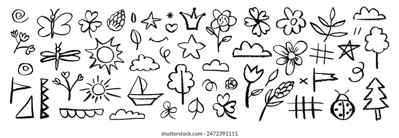 Black charcoal doodle elements and squiggles in childish style.Crayon sketch drawing isolated on white background.Collection of butterfly,tree, leaves, squiggles, stripes,flower freehand illustration