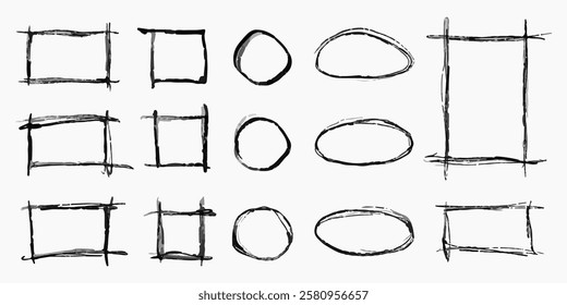 Black charcoal frames, sketched empty borders for texts and images, freehand graphic design elements. Vector illustration.