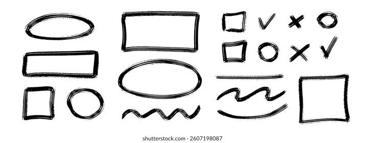 Black charcoal geometric frame and element set. Rectangle and circle paintbrush border collection. Rough sketched elements for highlight, underline, emphasis. Vector scribbled crayon form pack