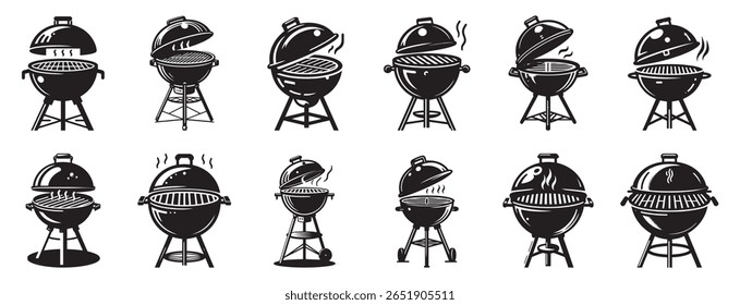 Grades de carvão preto com tampas abertas e cozimento de churrasco a vapor