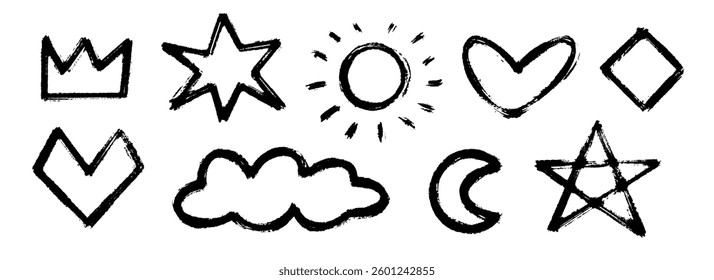 Black charcoal hand drawn shape set. Paint brush scribbled element collection. Pencil doodled childish sign and symbols. Rough sketched crayon cloud, star, heart, crown, sun, crescent. Vector