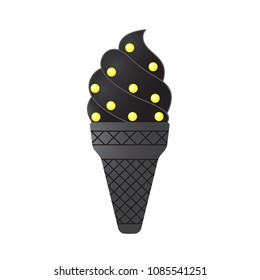 Black charcoal ice-cream cone with gold powder, summer trend. Vector isolated  illustration. 
Design for cafe menu, packaging, delivery box, icon
