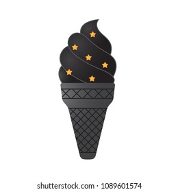 Black charcoal ice-cream cone with gold stars, summer trend. Vector isolated  illustration. 
Design for cafe menu, packaging, delivery box, icon